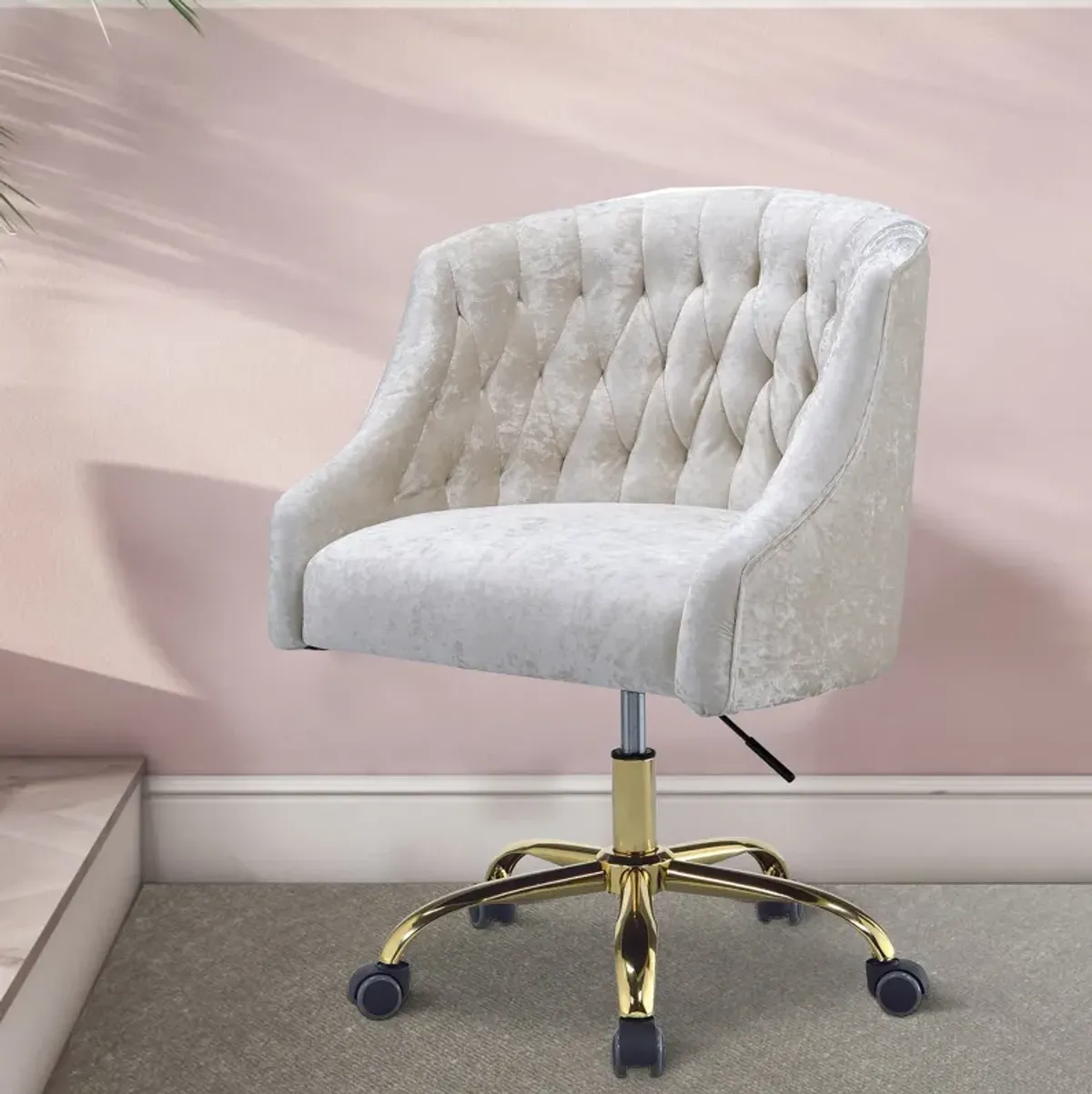 Swivel Velvet Upholstered Office Chair with Adjustable Height and Metal Base, Cream and Gold-Benzara