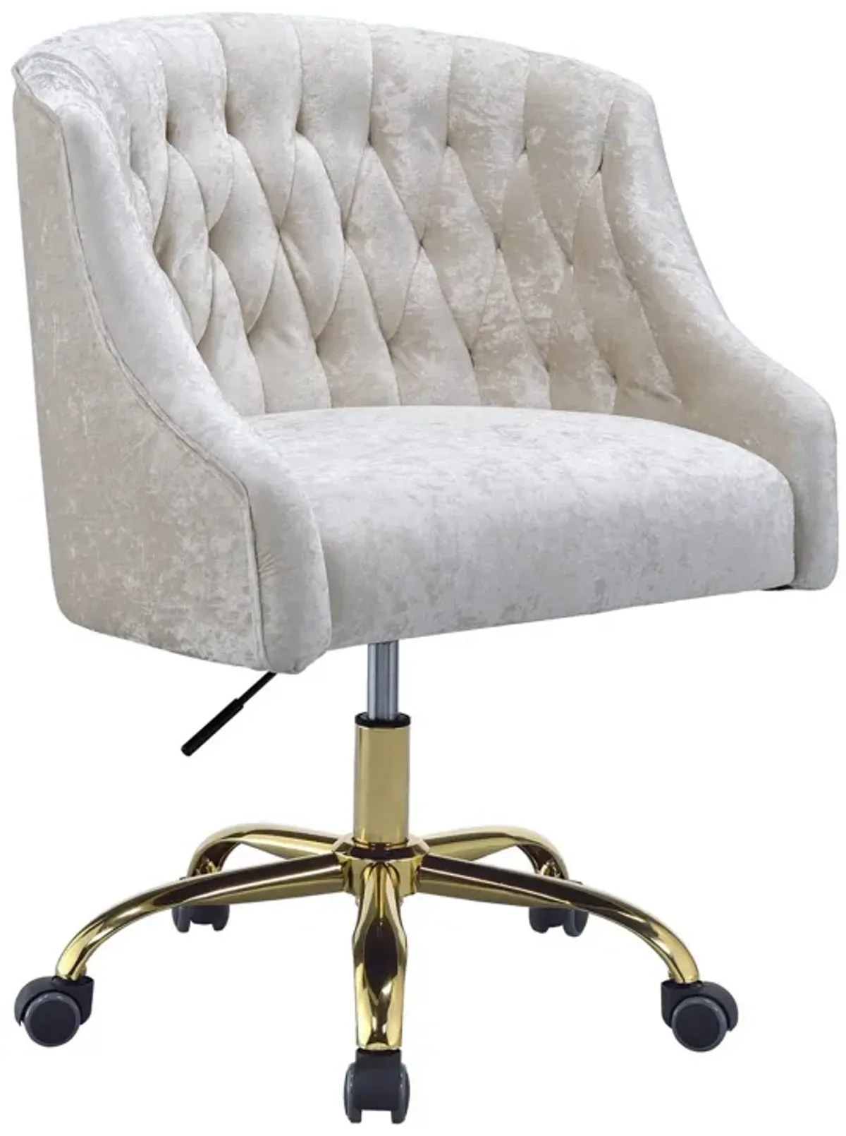 Swivel Velvet Upholstered Office Chair with Adjustable Height and Metal Base, Cream and Gold-Benzara