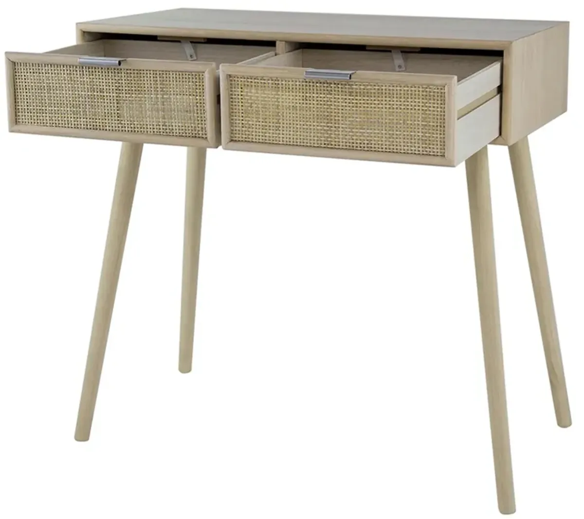 Pia 32 Inch Wood Console Table, 2 Drawers, Woven Rattan, Natural Brown-Benzara