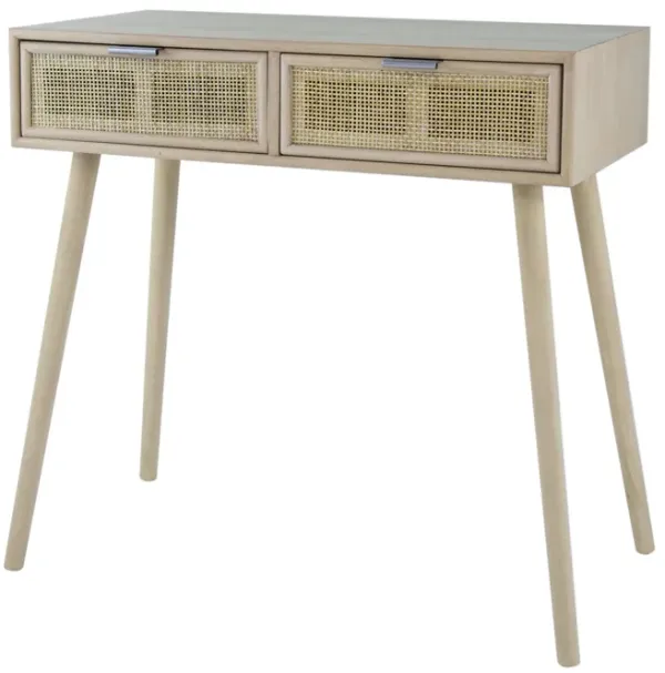 Pia 32 Inch Wood Console Table, 2 Drawers, Woven Rattan, Natural Brown