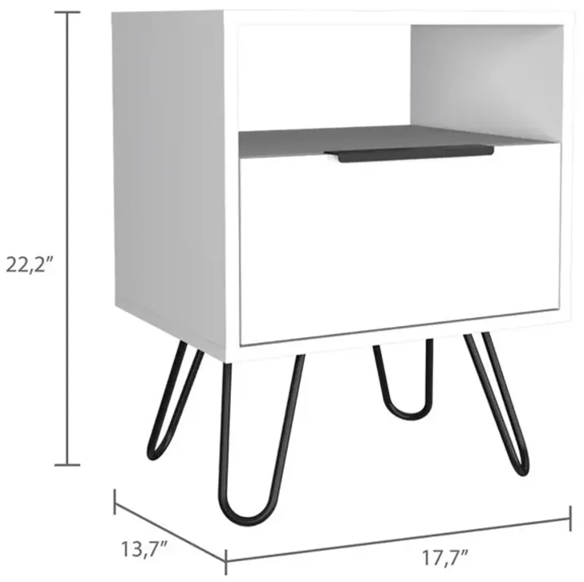 DEPOT E-SHOP Begonia Night Stand-Two Shelves, One-Door Drawer, Four Steel Legs-White, For Bedroom