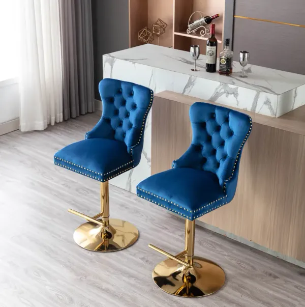 Swivel Bar Stools Chair Set of 2 Modern Adjustable Counter Height Bar Stools, Velvet Upholstered Stool with Tufted High Back & Ring Pull for Kitchen, Chrome Golden Base, Blue