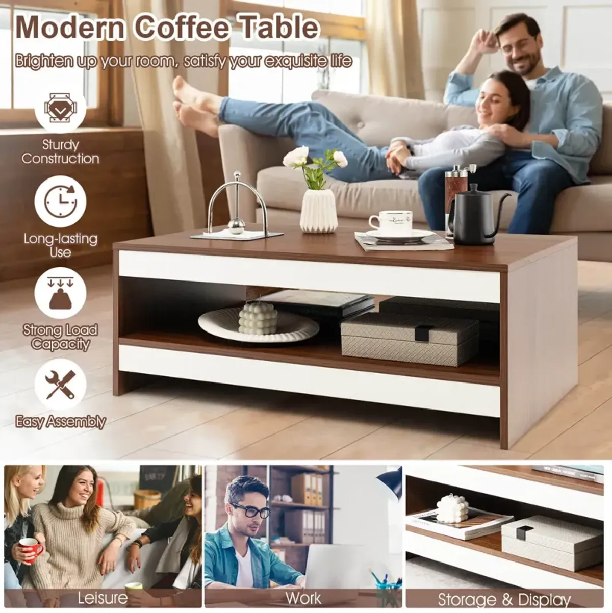 37 Inch 2-Tier Rectangle Wooden Coffee Table with Storage Shelf-Wulnat