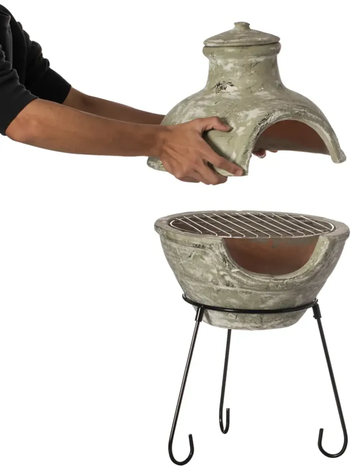 Beige Outdoor Clay Chiminea Barbecue Firepit Accent Design Charcoal Burning Fire Pit with Sturdy Metal Stand, Barbecue, Cocktail Party, Family Gathering, Cozy Nights Fire Pit