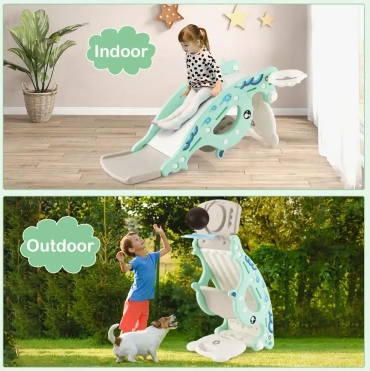 Hivvago 4-in-1 Kids Slide Rocking Horse with Basketball and Ring Toss
