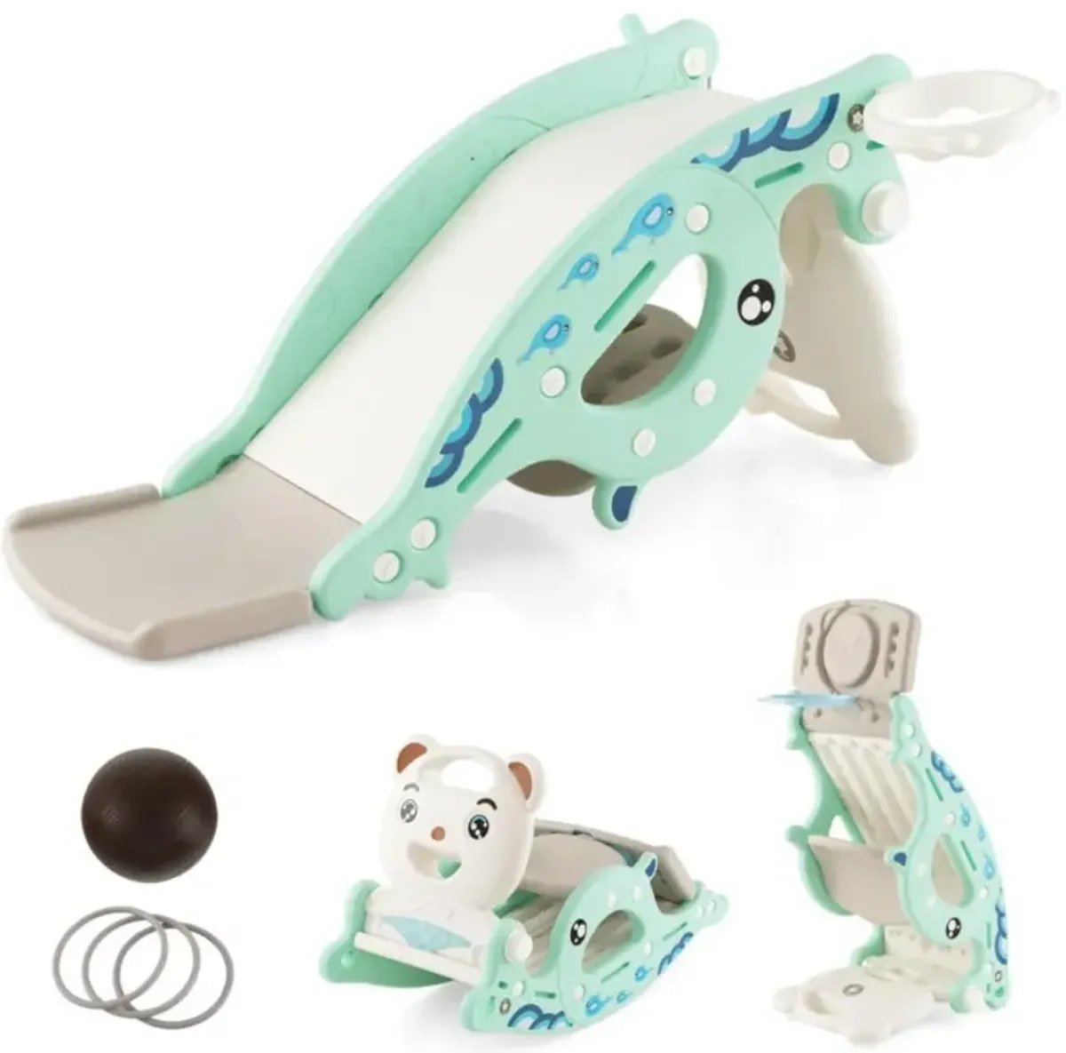 Hivvago 4-in-1 Kids Slide Rocking Horse with Basketball and Ring Toss