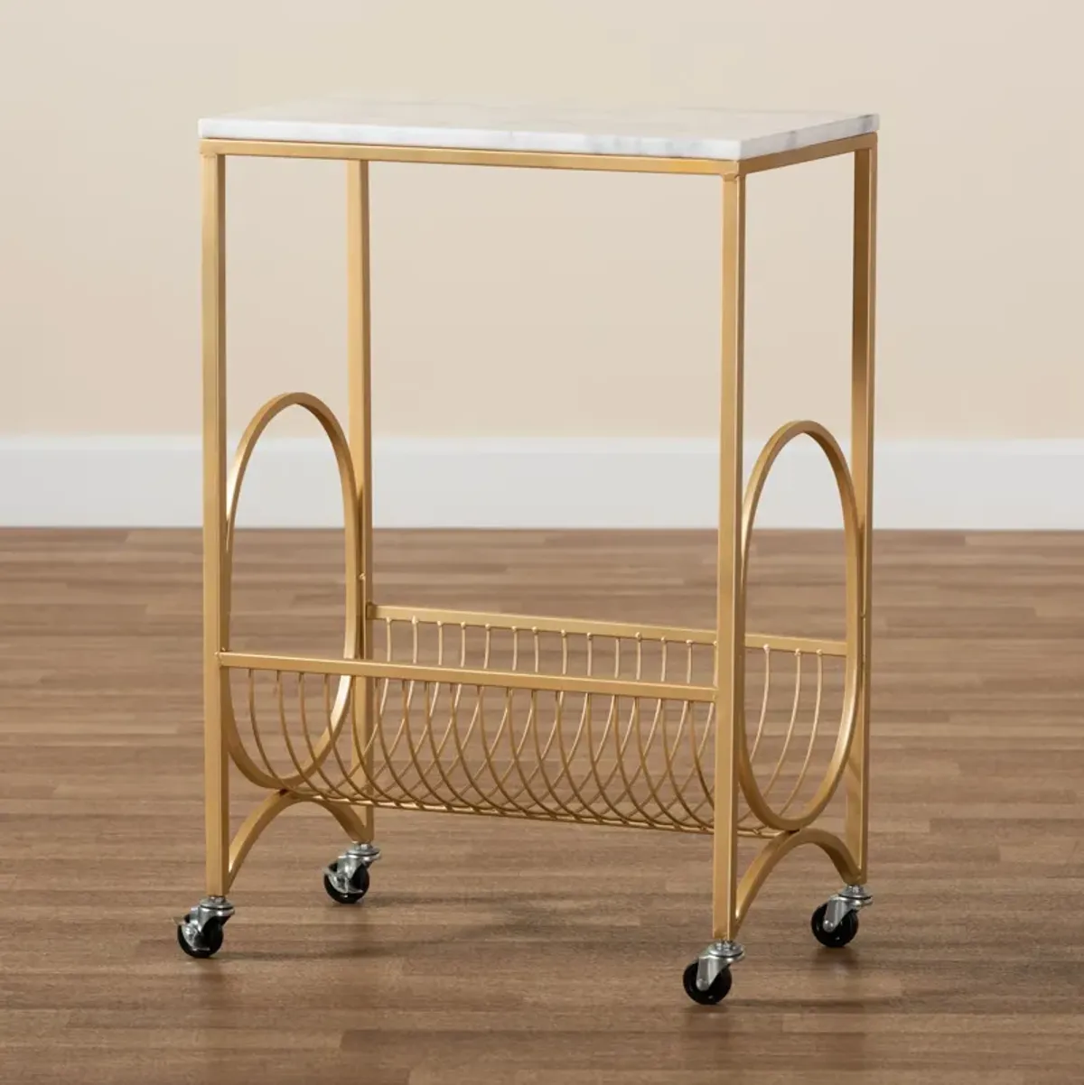 Baxton Studio Jacek Modern Gold Finished Metal Wine Cart with Marble Tabletop