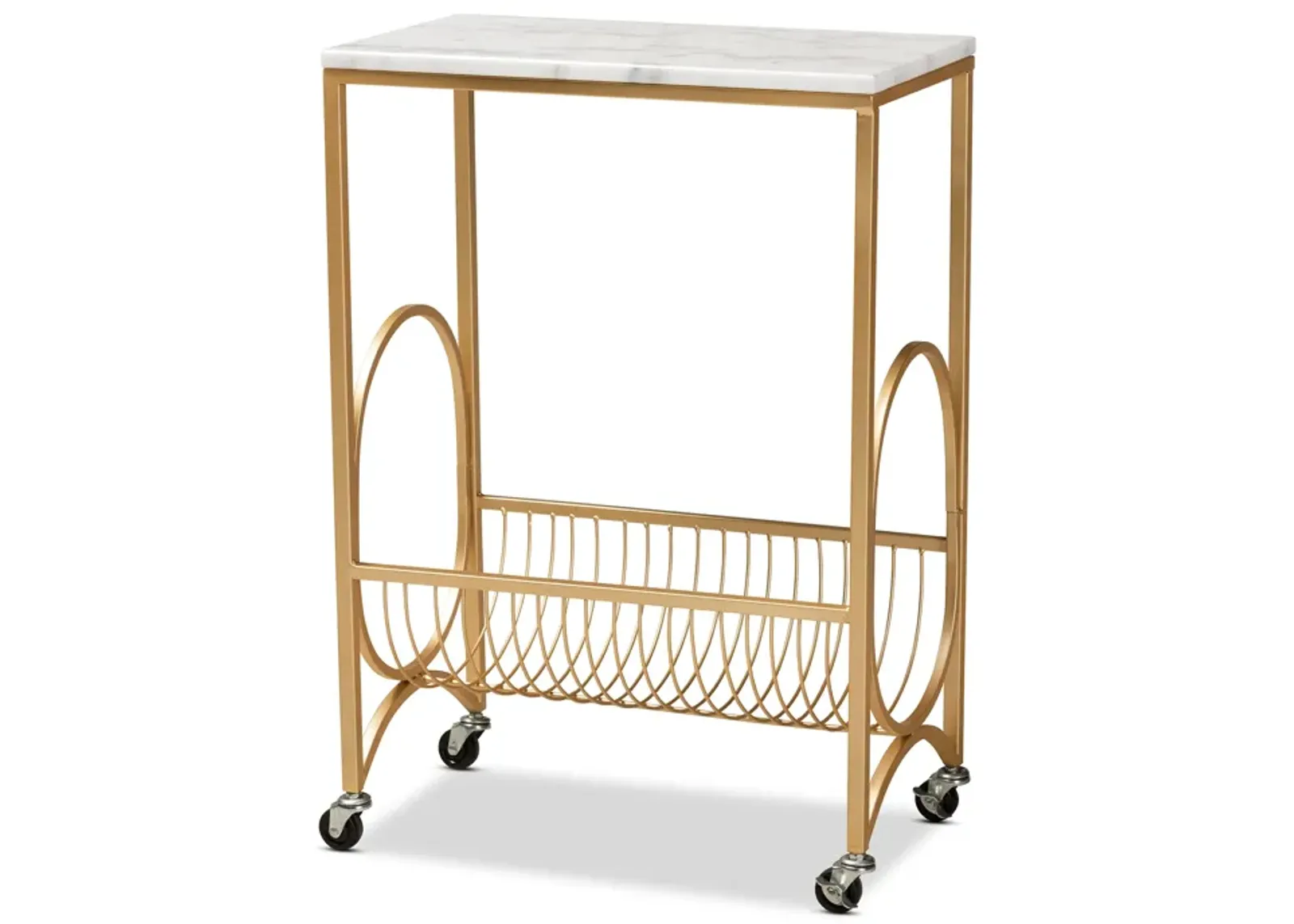 Baxton Studio Jacek Modern Gold Finished Metal Wine Cart with Marble Tabletop