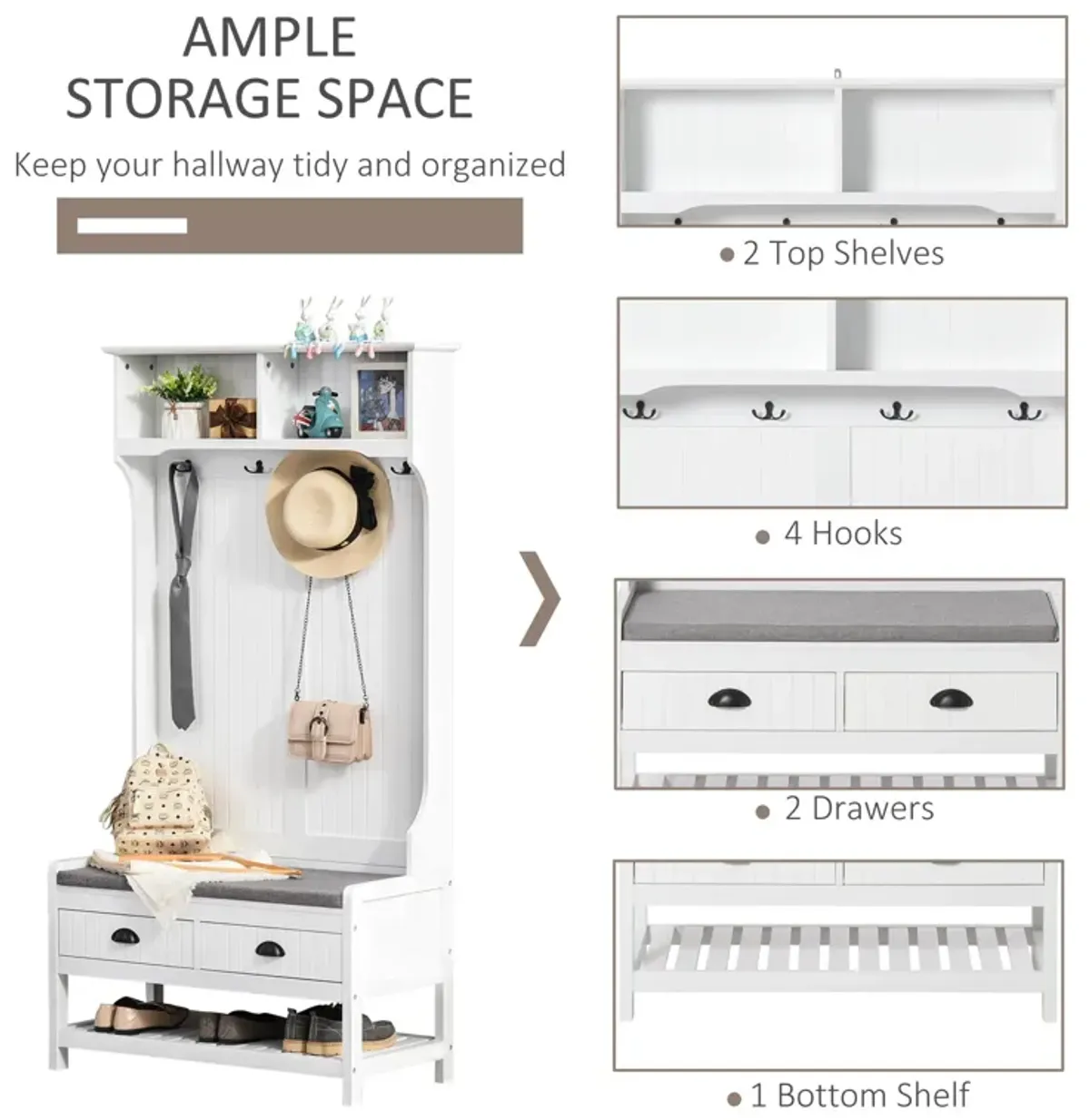 White Entryway Organizer: Hall Tree with Coat Rack and Shoe Storage