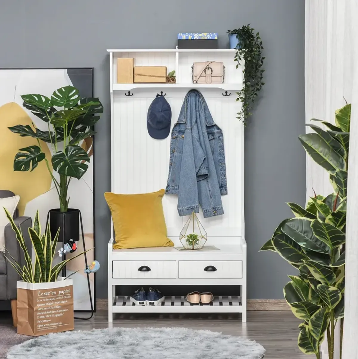 White Entryway Organizer: Hall Tree with Coat Rack and Shoe Storage