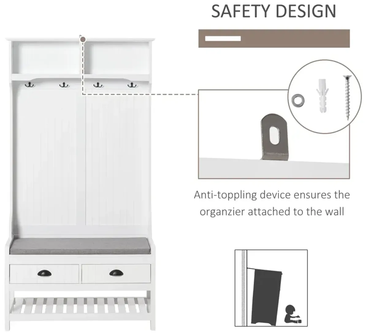 White Entryway Organizer: Hall Tree with Coat Rack and Shoe Storage