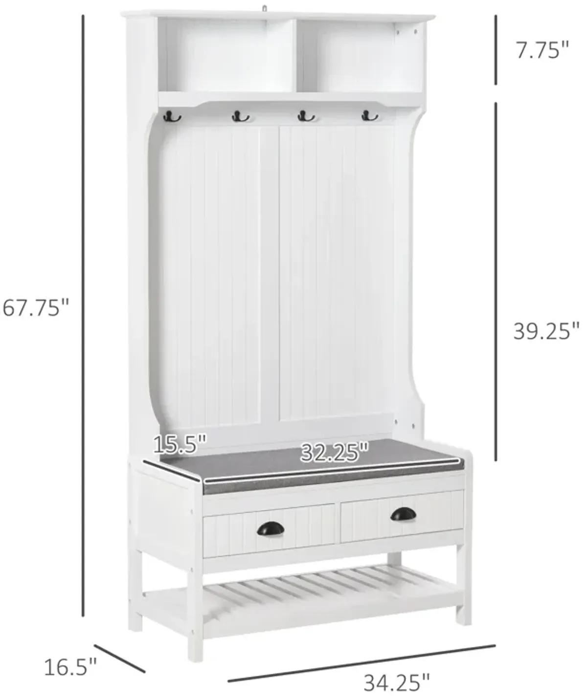 White Entryway Organizer: Hall Tree with Coat Rack and Shoe Storage