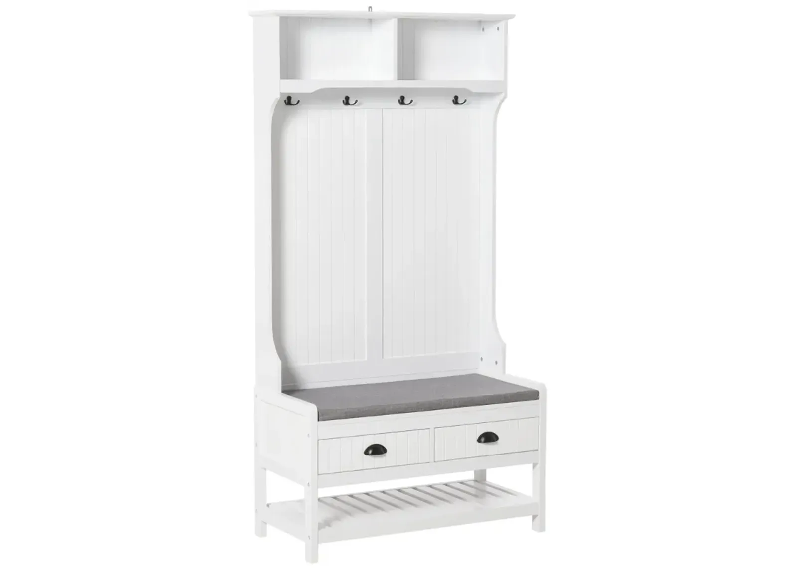 White Entryway Organizer: Hall Tree with Coat Rack and Shoe Storage