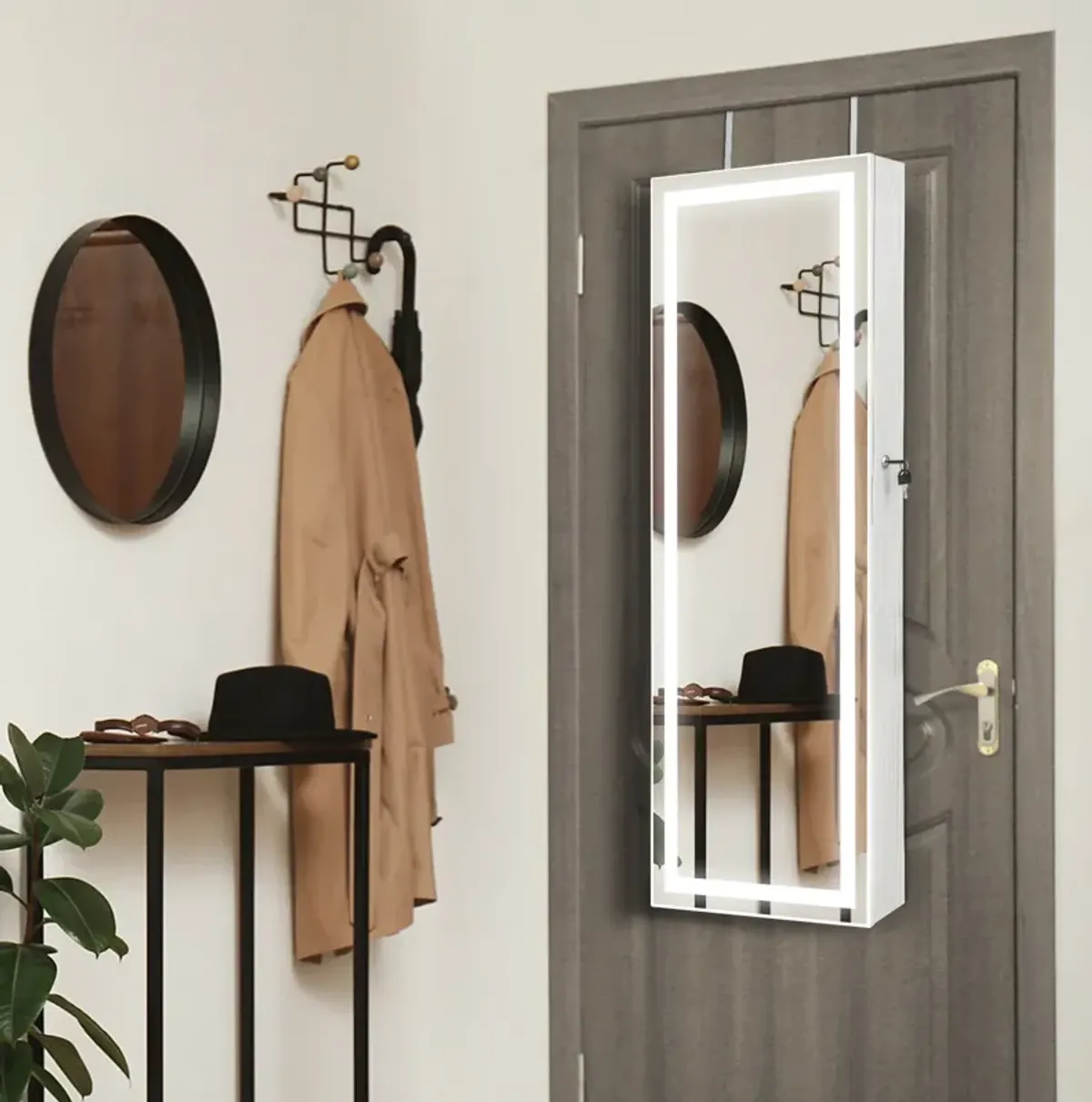 Mirrored Jewelry Armoire with Full Length Mirror and 2 Internal LED Lights