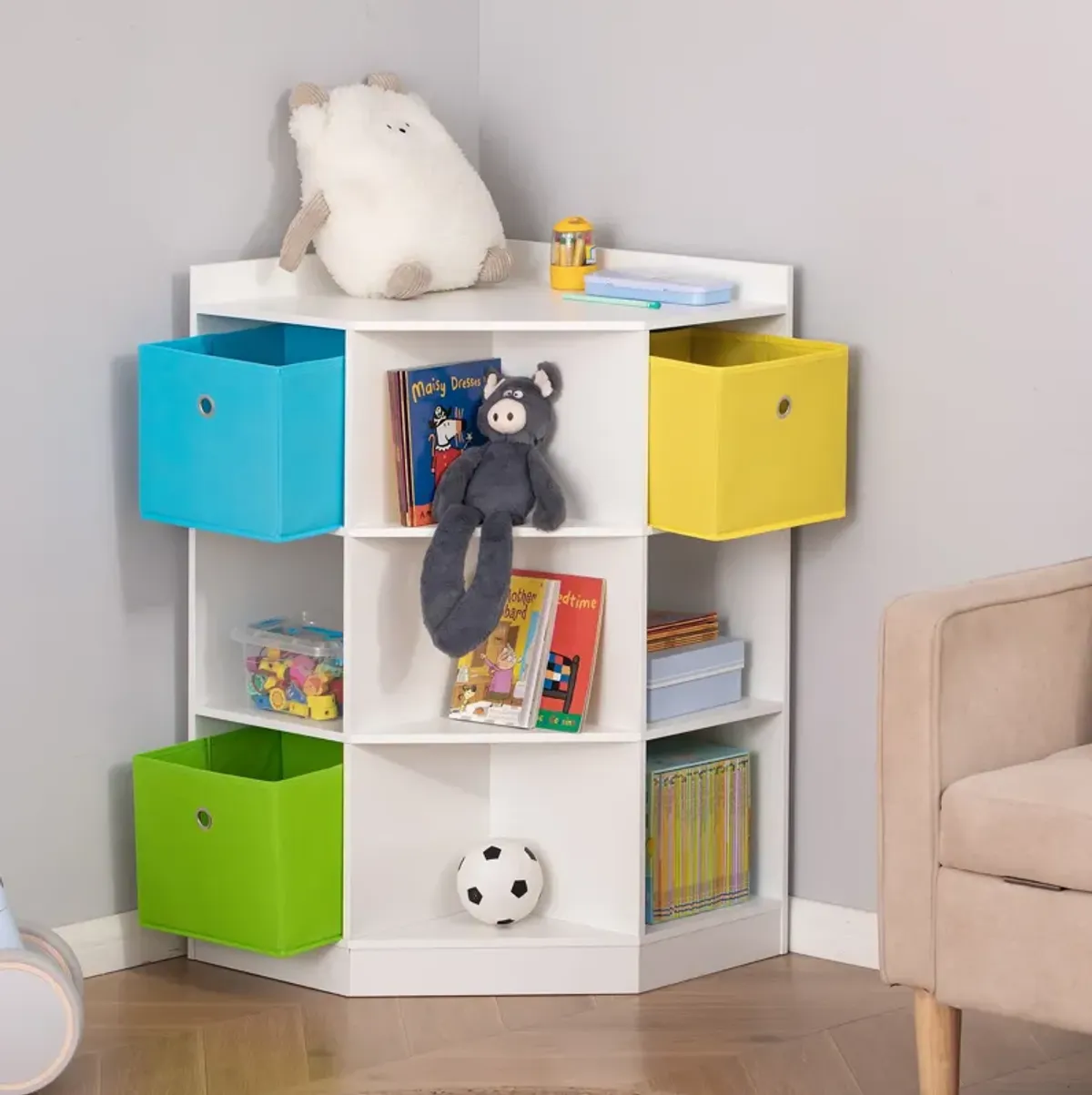 White Kids' Wardrobe: Corner Storage with 9-Cubby Display Shelf