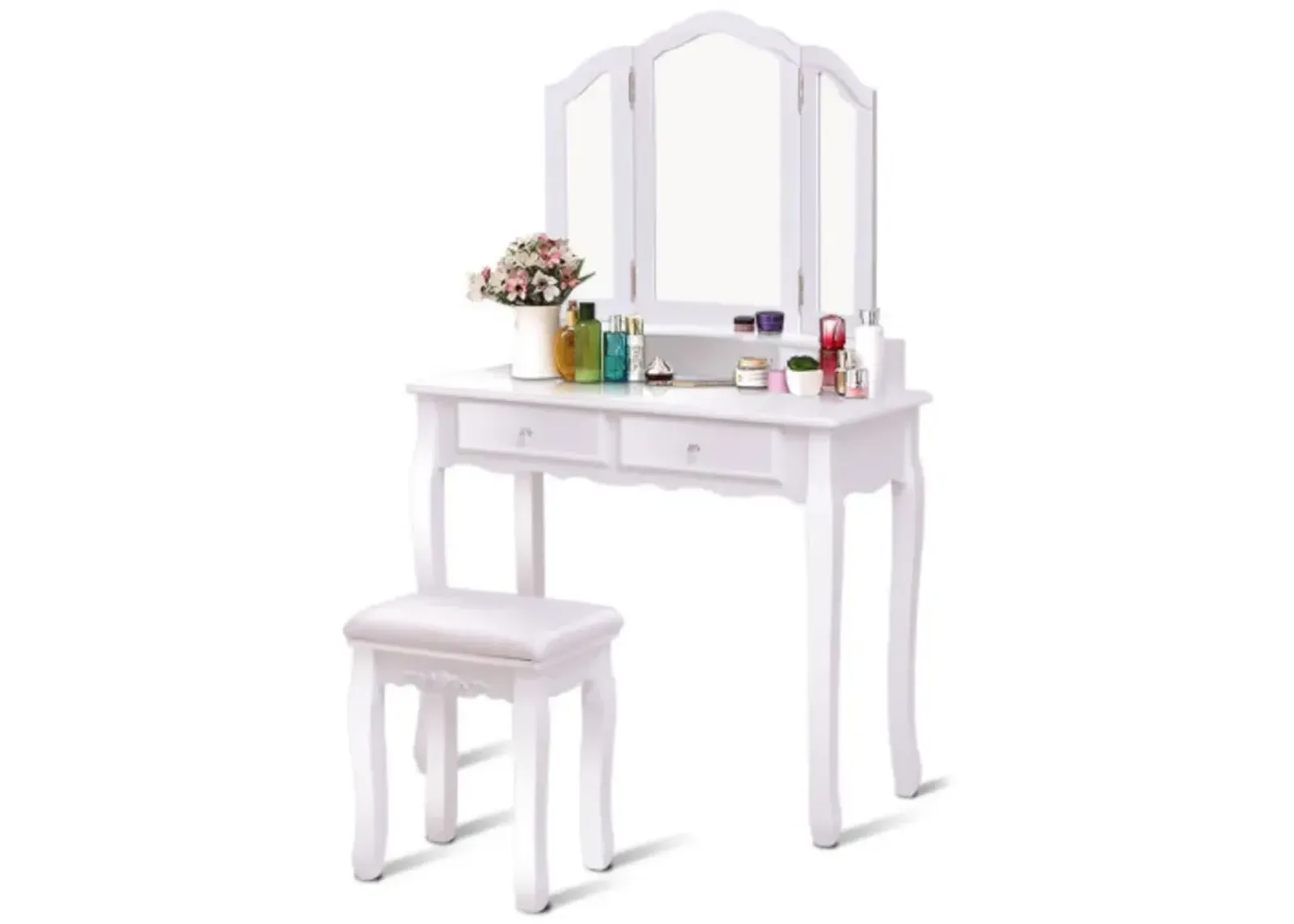 Tri Folding Mirror Vanity Table Stool Set with 4 Drawers and Cushioned Stool