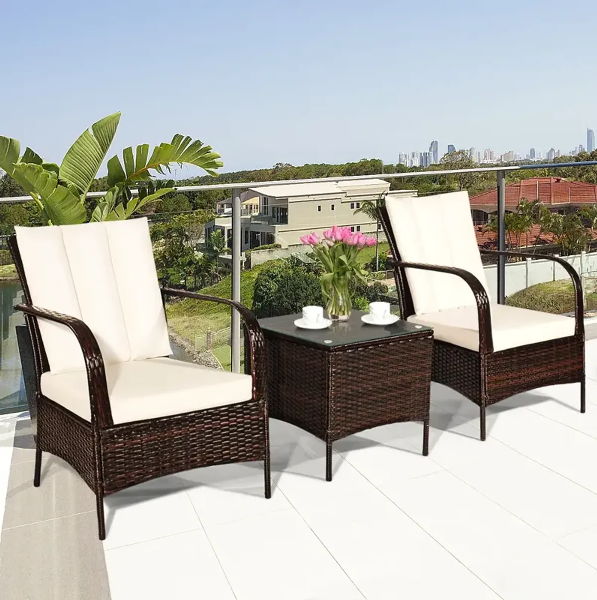 3 Pcs Patio Conversation Rattan Furniture Set with Glass Top Coffee Table and Cushions