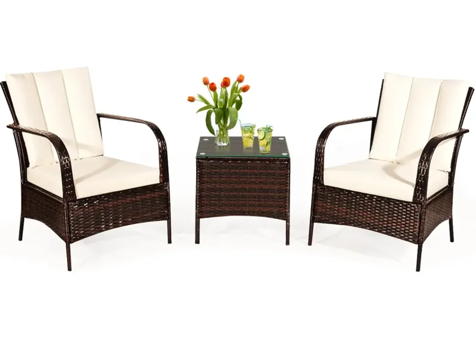 3 Pcs Patio Conversation Rattan Furniture Set with Glass Top Coffee Table and Cushions