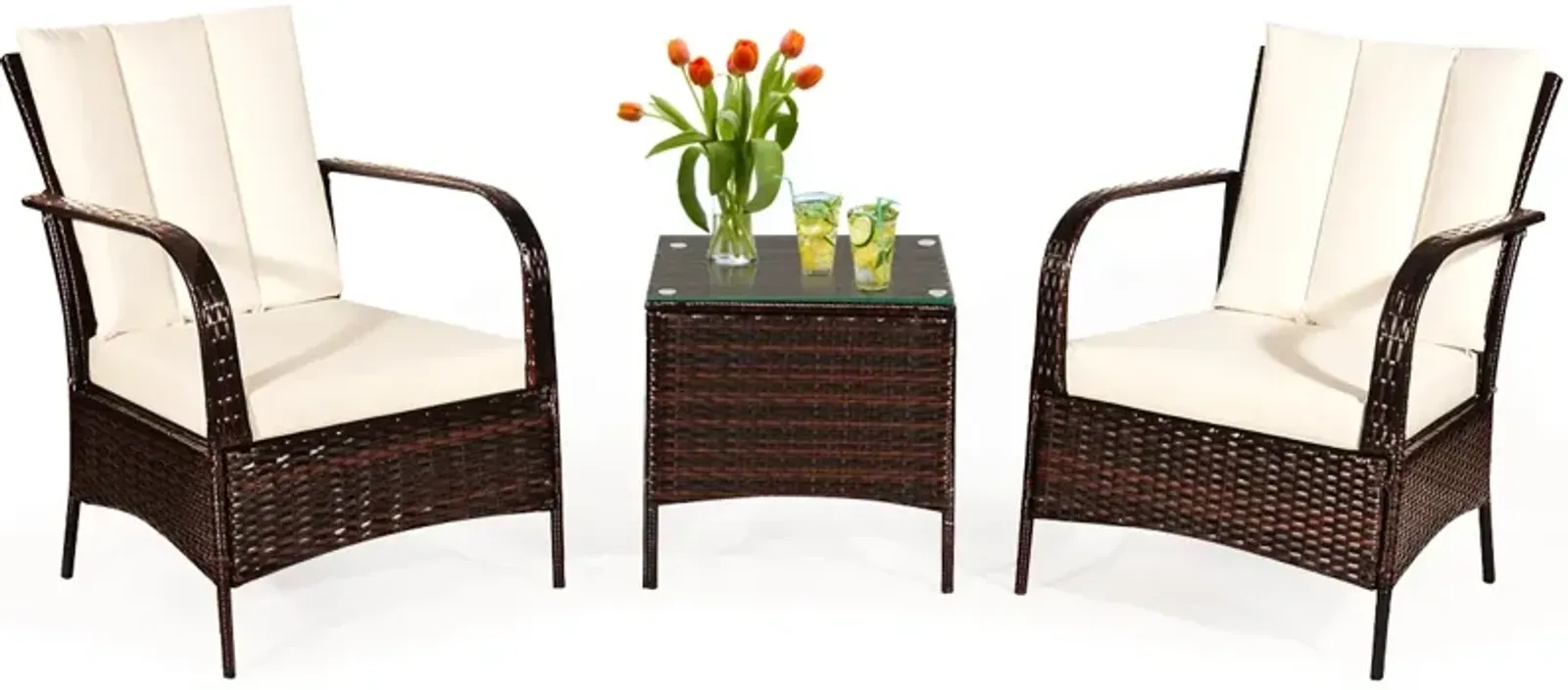 3 Pcs Patio Conversation Rattan Furniture Set with Glass Top Coffee Table and Cushions