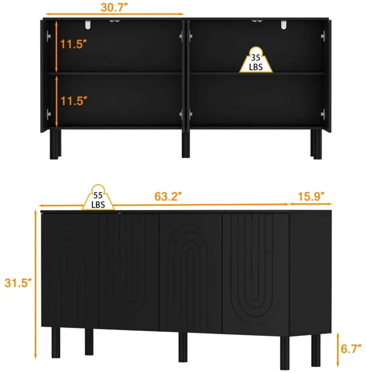 FUFU&GAGA Modern Minimalist Black Sideboard | Handle-Free Push-to-Open | Storage Cabinet for Living & Dining Room (63.2" W x 15.9" D x 31.5" H),Black