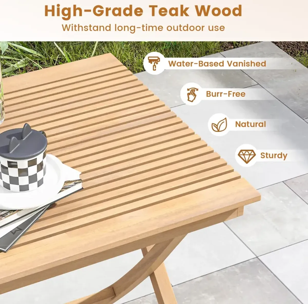 27.5 Inch Indonesia Teak Patio Bistro Table with Slatted Tabletop and Sturdy Wood Frame