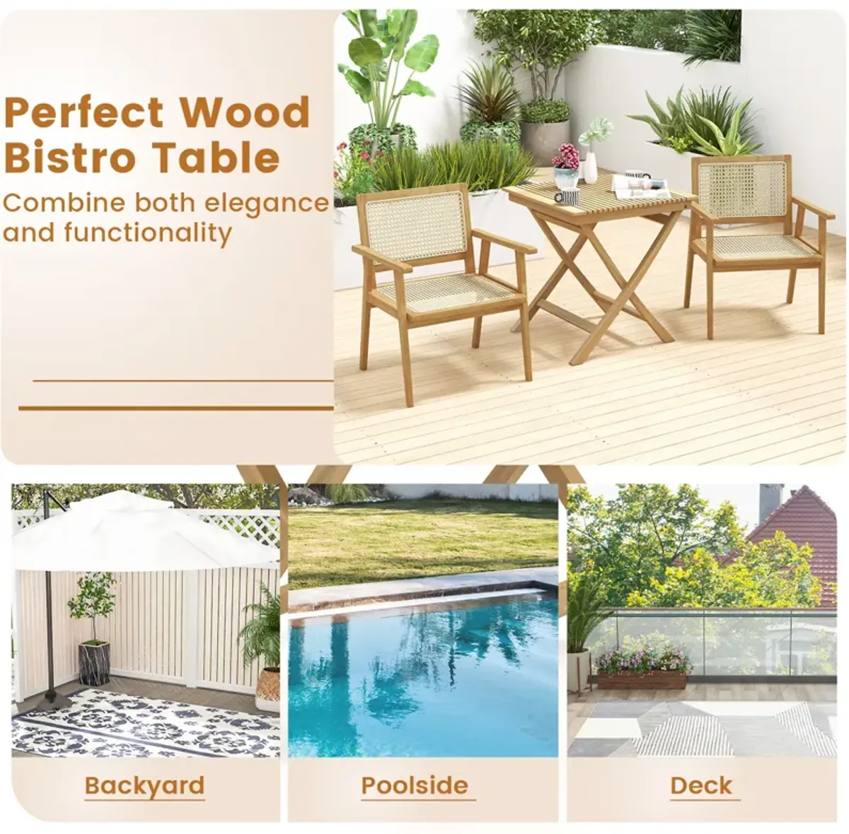 27.5 Inch Indonesia Teak Patio Bistro Table with Slatted Tabletop and Sturdy Wood Frame