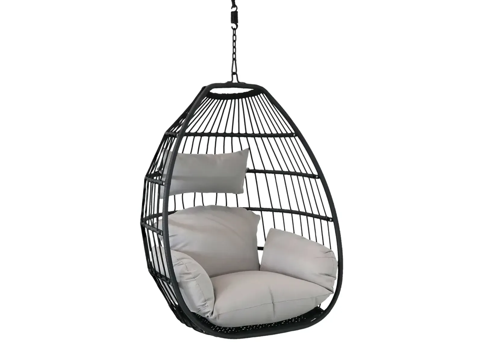 Sunnydaze Black Resin Wicker Hanging Egg Chair with Cushions - Gray