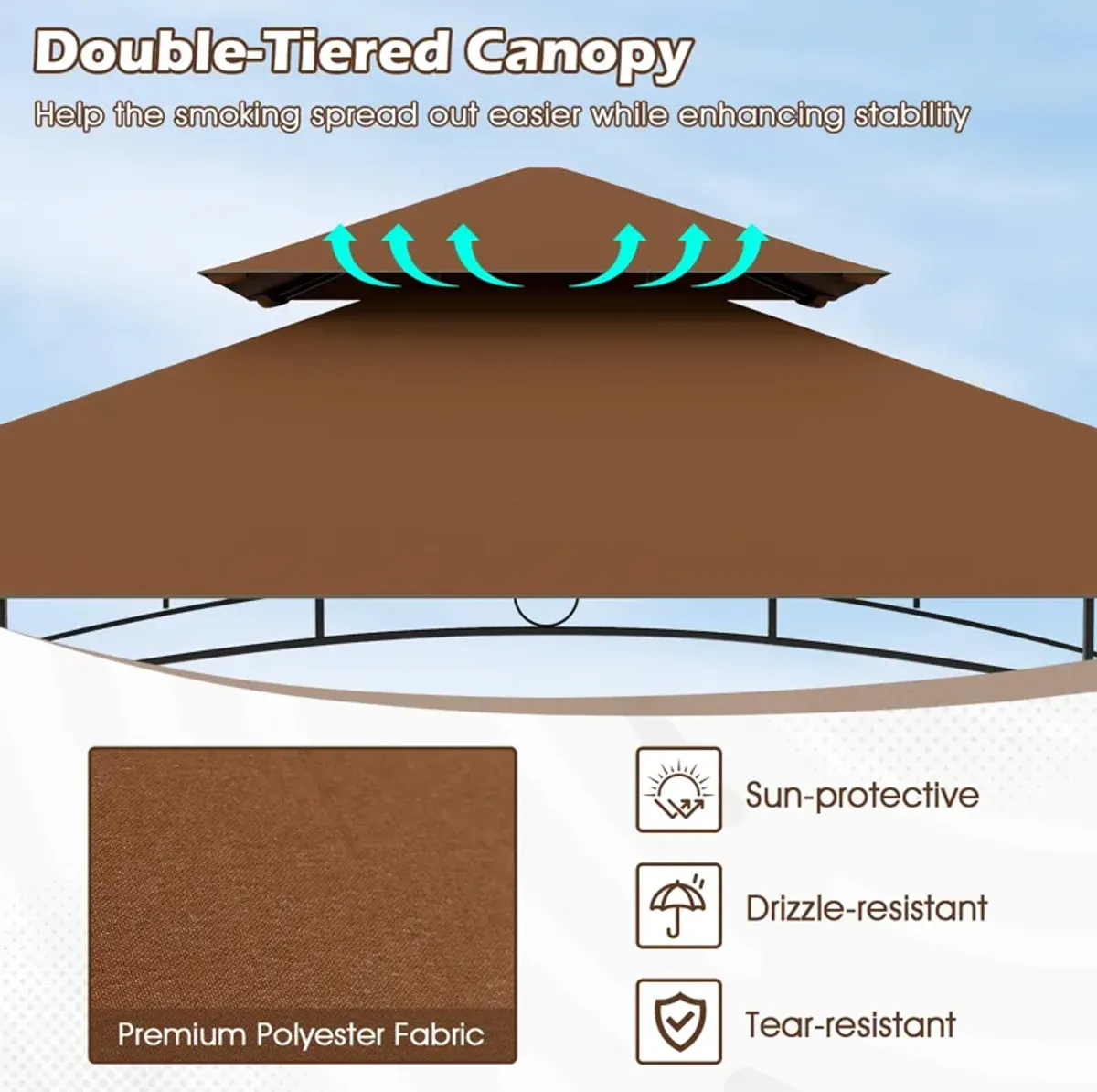 Outdoor Double-Tiered Grill Gazebo Canopy with 2 Shelves & 7 Hooks for Patio Cooking