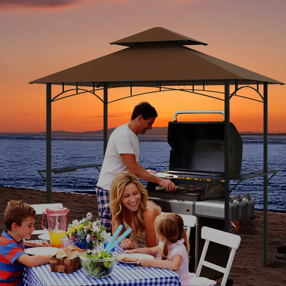 Outdoor Double-Tiered Grill Gazebo Canopy with 2 Shelves & 7 Hooks for Patio Cooking