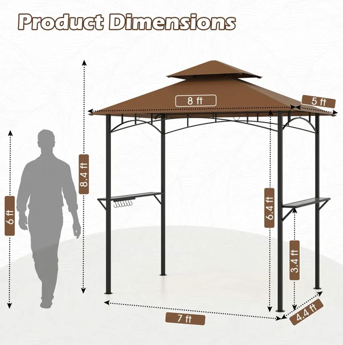 Outdoor Double-Tiered Grill Gazebo Canopy with 2 Shelves & 7 Hooks for Patio Cooking