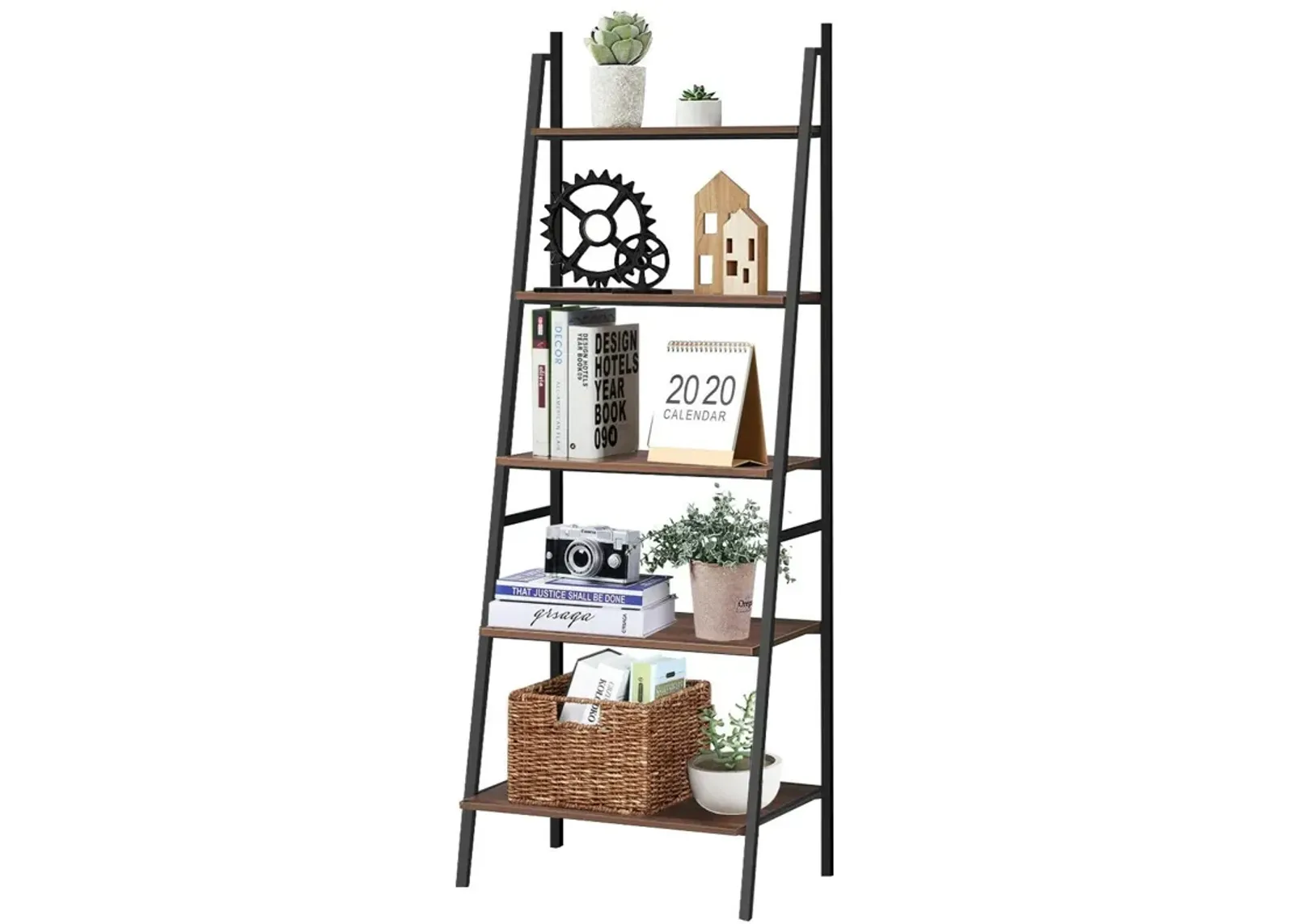 5-Tier Leaning Bookshelf, Wood and Metal Bookcase for Stylish Home Organization and Display