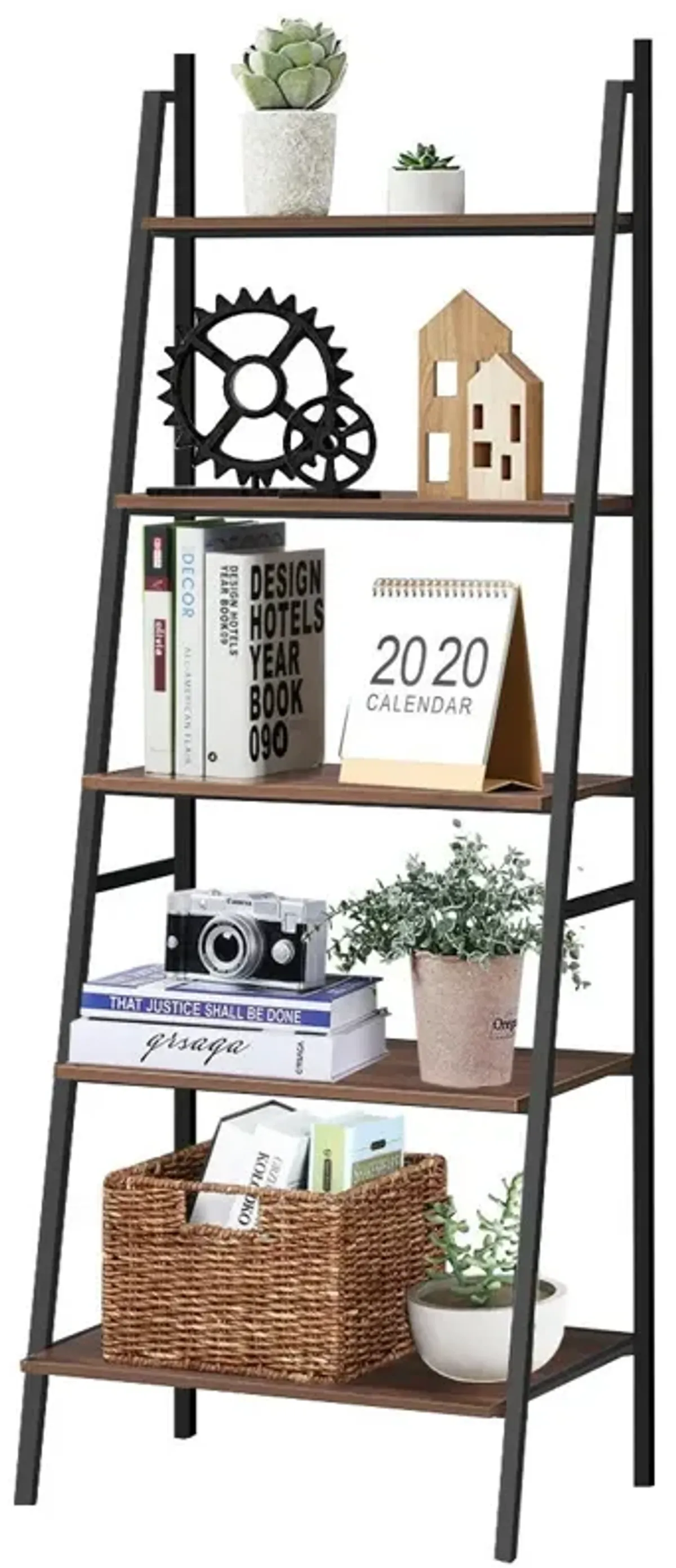 5-Tier Leaning Bookshelf, Wood and Metal Bookcase for Stylish Home Organization and Display