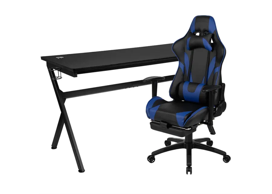 Flash Furniture Optis Gaming Desk and Blue Footrest Reclining Gaming Chair Set - Cup Holder/Headphone Hook/Removable Mouse Pad Top/Wire Management