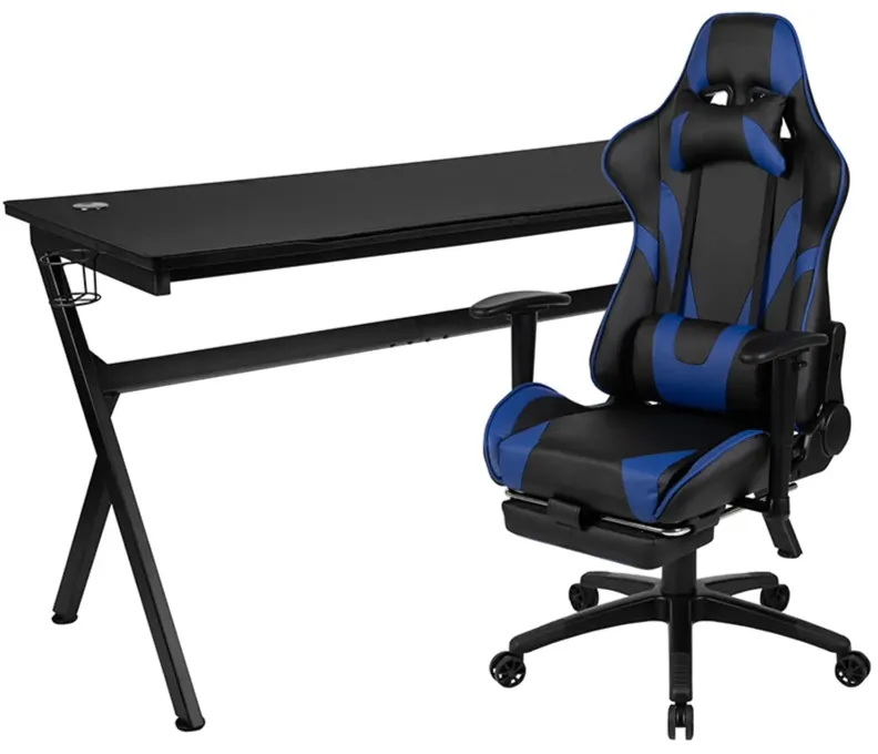 Flash Furniture Optis Gaming Desk and Blue Footrest Reclining Gaming Chair Set - Cup Holder/Headphone Hook/Removable Mouse Pad Top/Wire Management