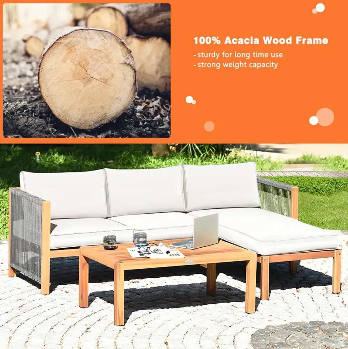 4 Pieces Acacia Wood Sofa Set with Cushions for Outdoor Patio-Grey