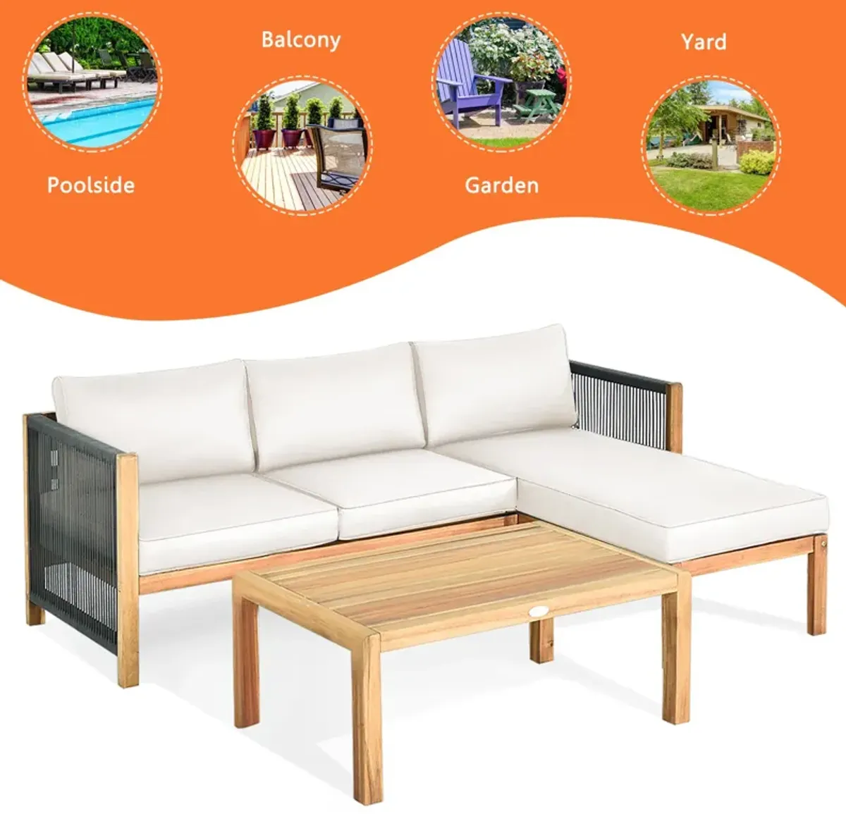 4 Pieces Acacia Wood Sofa Set with Cushions for Outdoor Patio-Grey