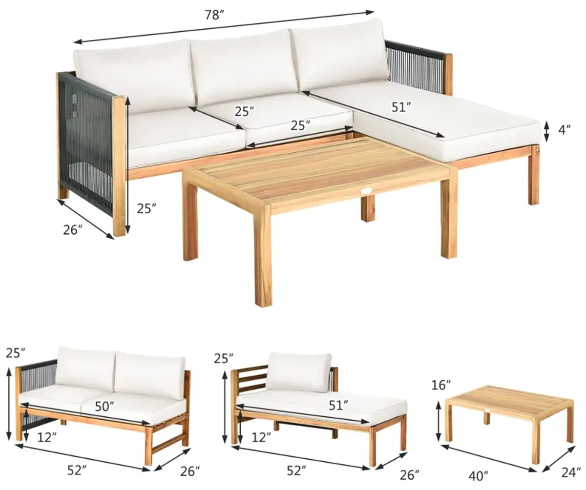 4 Pieces Acacia Wood Sofa Set with Cushions for Outdoor Patio-Grey