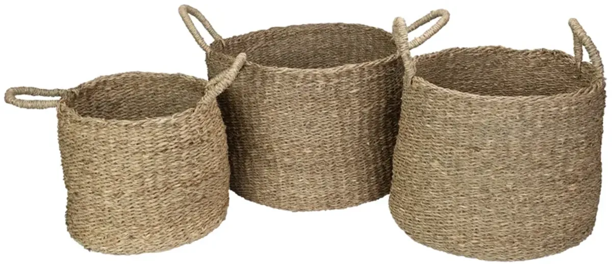 Set of 3 Natural Beige Round Seagrass Table and Floor Baskets