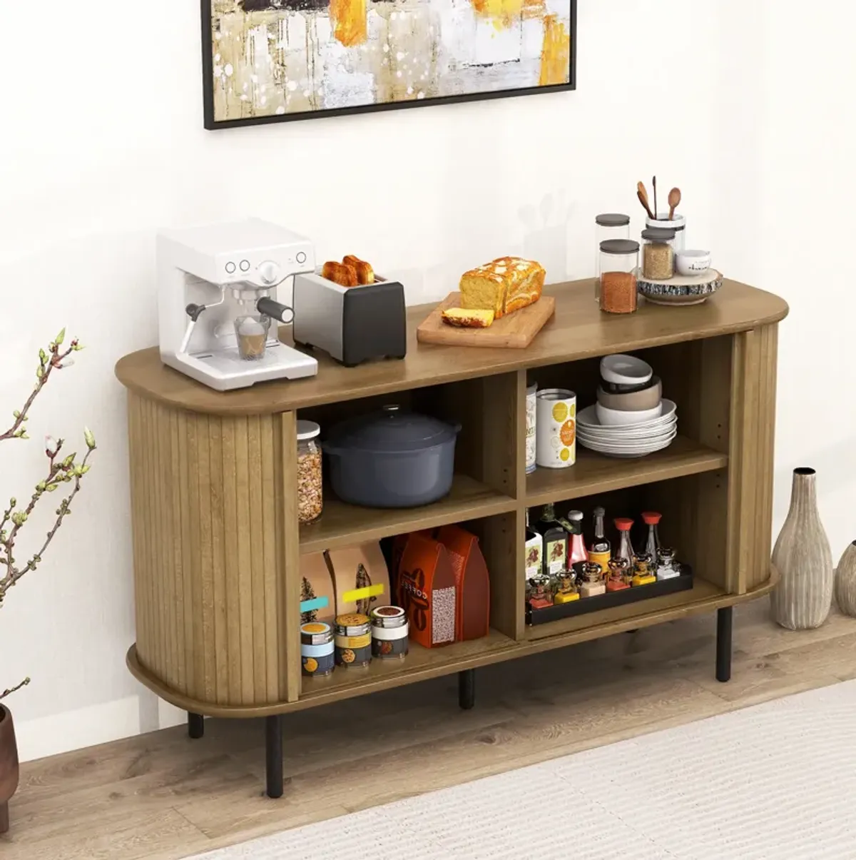 47 Inch Sideboard Buffet Cabinet with Adjustable Shelves for Kitchen Dining Room Living Room Entryway-Oak