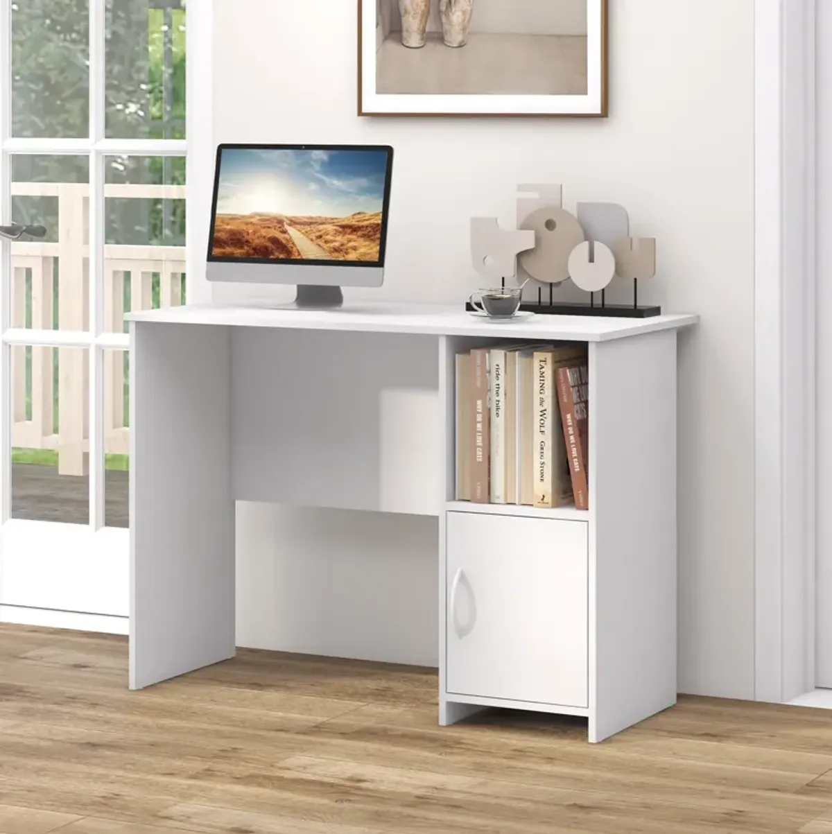 Modern Computer Desk with Cabinet-White