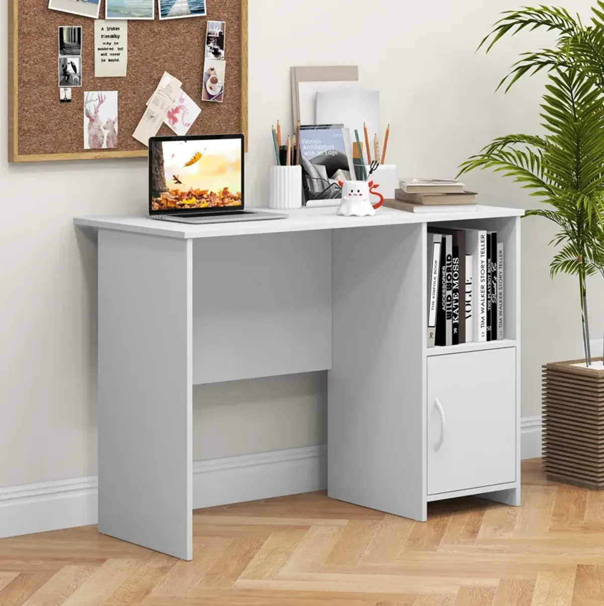 Modern Computer Desk with Cabinet-White