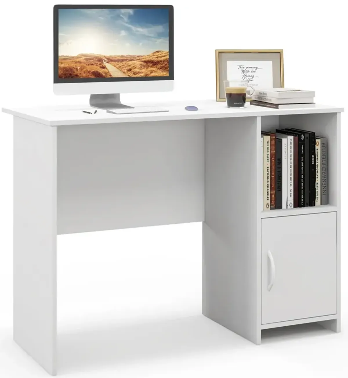 Modern Computer Desk with Cabinet-White