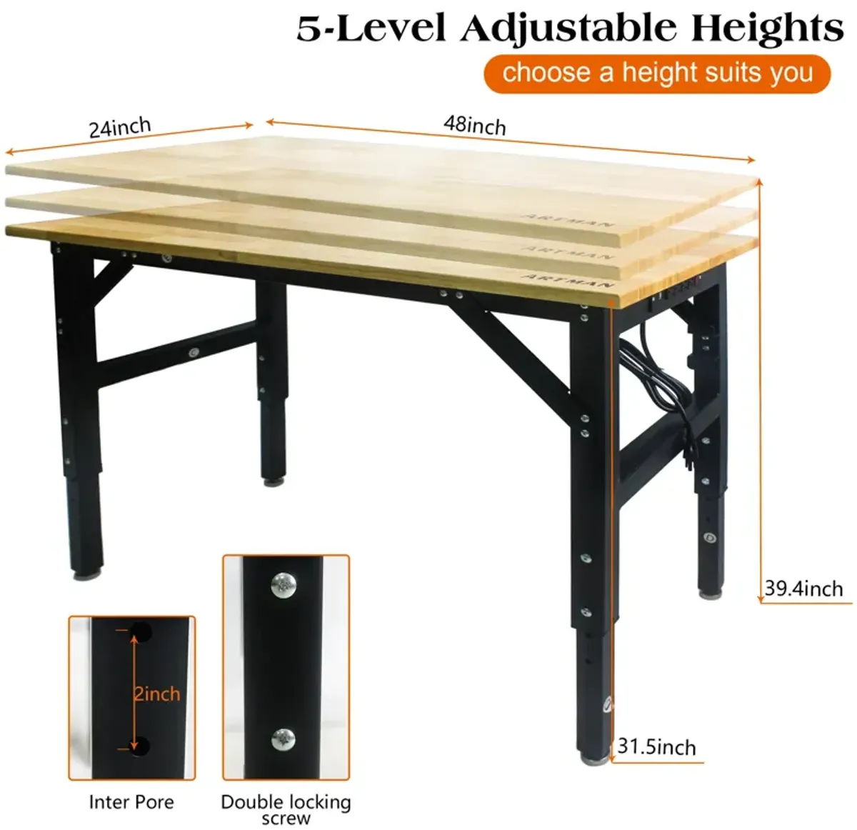 Metal Adjustable Worktable With Socket And Wooden Top