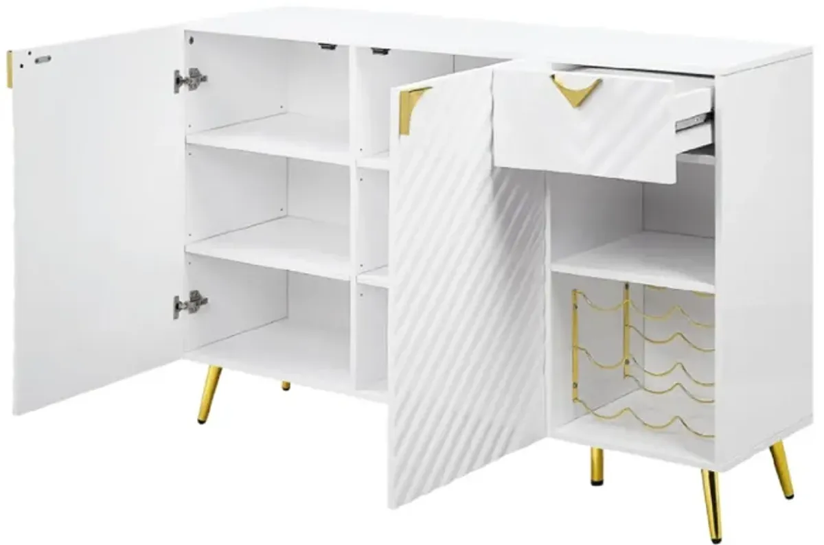 Bet 54 Inch Modern Sideboard Buffet Table, 2 Doors, Wine Rack, White, Gold - Benzara