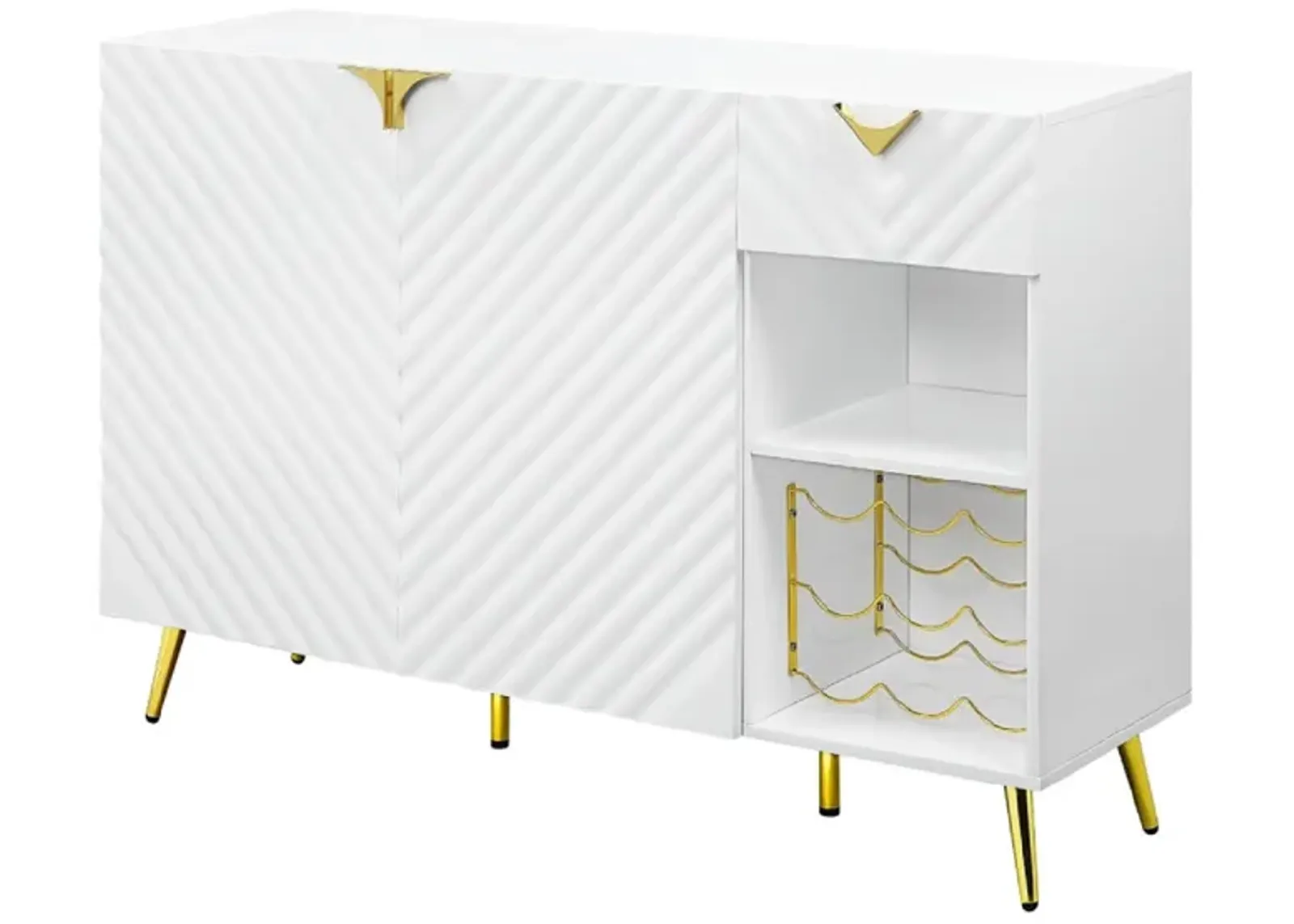 Bet 54 Inch Modern Sideboard Buffet Table, 2 Doors, Wine Rack, White, Gold - Benzara