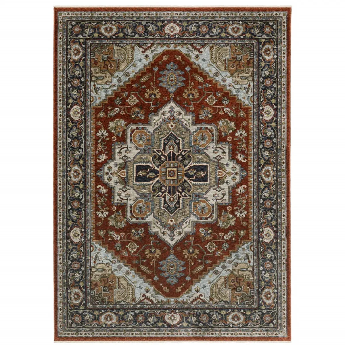 2 X 3 Blue Beige grey gold green And Rust Red Oriental Power Loom Stain Resistant Area Rug With Fringe