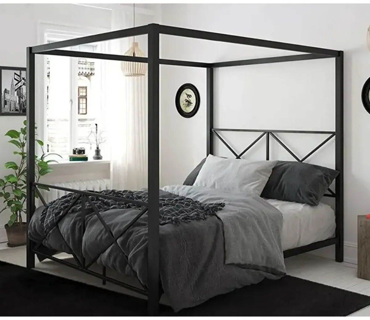 Hivvago Queen size Modern Black Metal Four-Poster Canopy Bed Frame