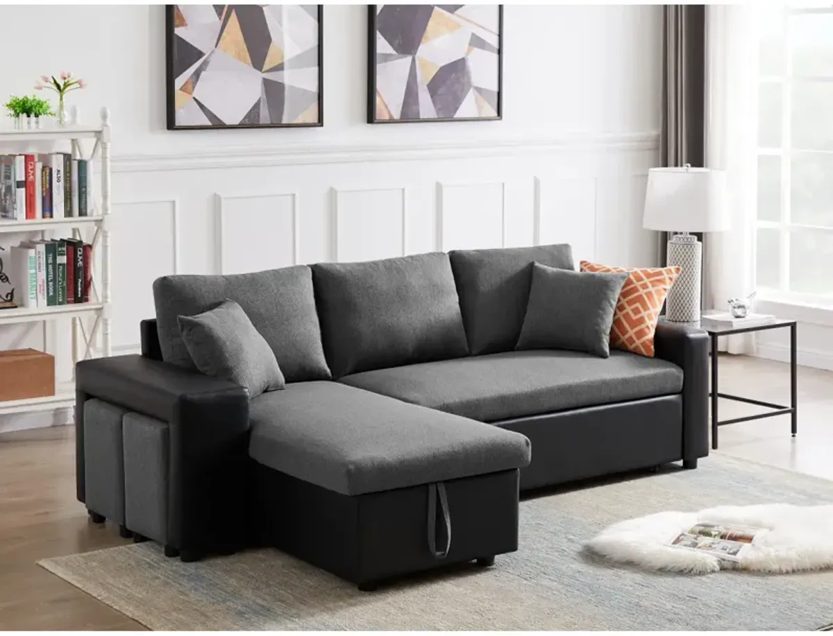 92.5" Linen Reversible Sleeper Sectional Sofa With Storage And 2 Stools Steel