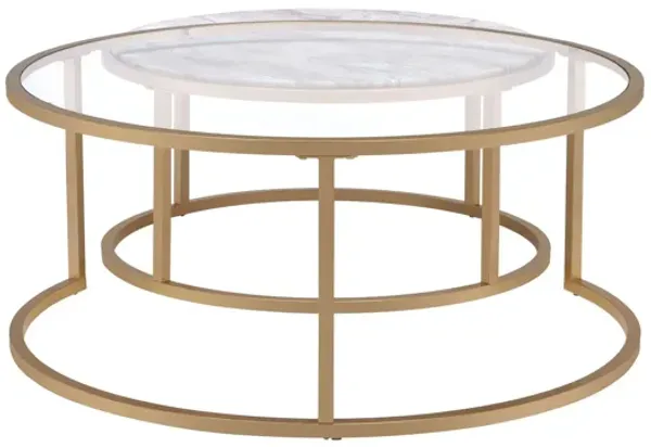 Set of 2 Round Nested Coffee Tables with Glass Faux Marble Tops and Iron Frames