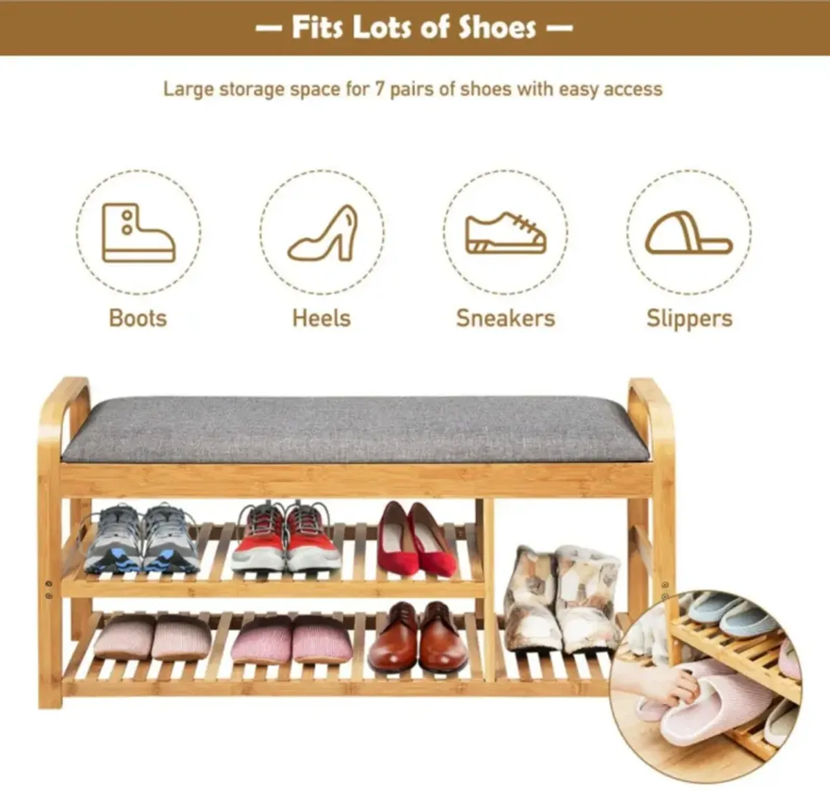 Hivvago 3-Tier Bamboo Shoe Rack Bench with Cushion-Natural